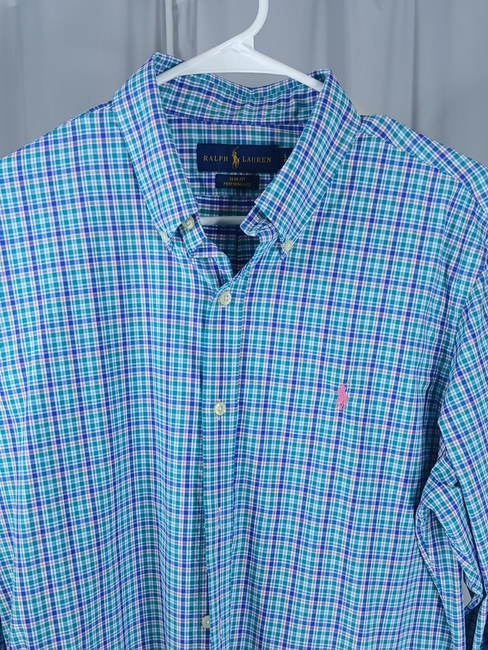 Ralph Lauren mens Blue, Green & White Plaid Button-Down Shirt with Pink Pony